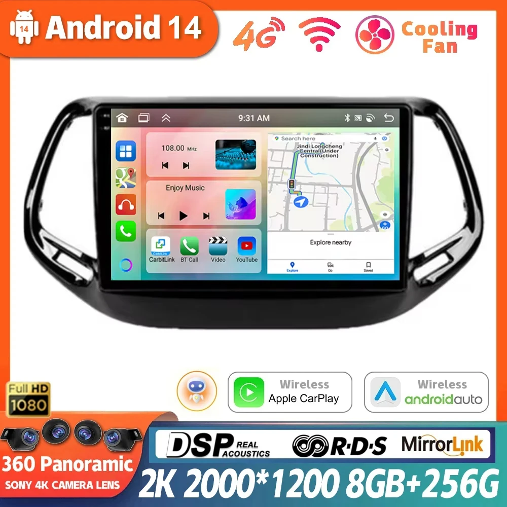 Android 14 For Jeep Compass 2 MP 2016 - 2018 Car Radio Multimedia Video Player GPS Navigation CarPlay Auto Stereo DSP 360 Camera