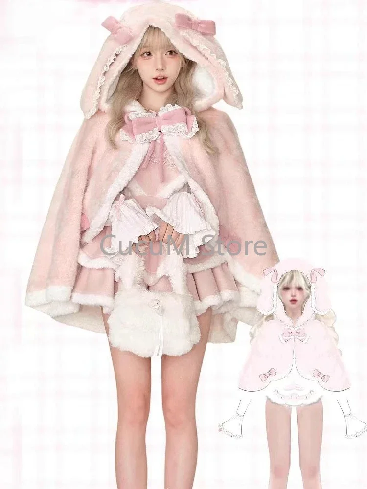 คริสต์มาสชุดปีใหม่ Sweet Lolita ชุด 3 ชิ้นชุดผู้หญิงน่ารักโบว์กระต่ายเสื้อคลุม Kawaii การ์ตูน Slim Y2k ชุด