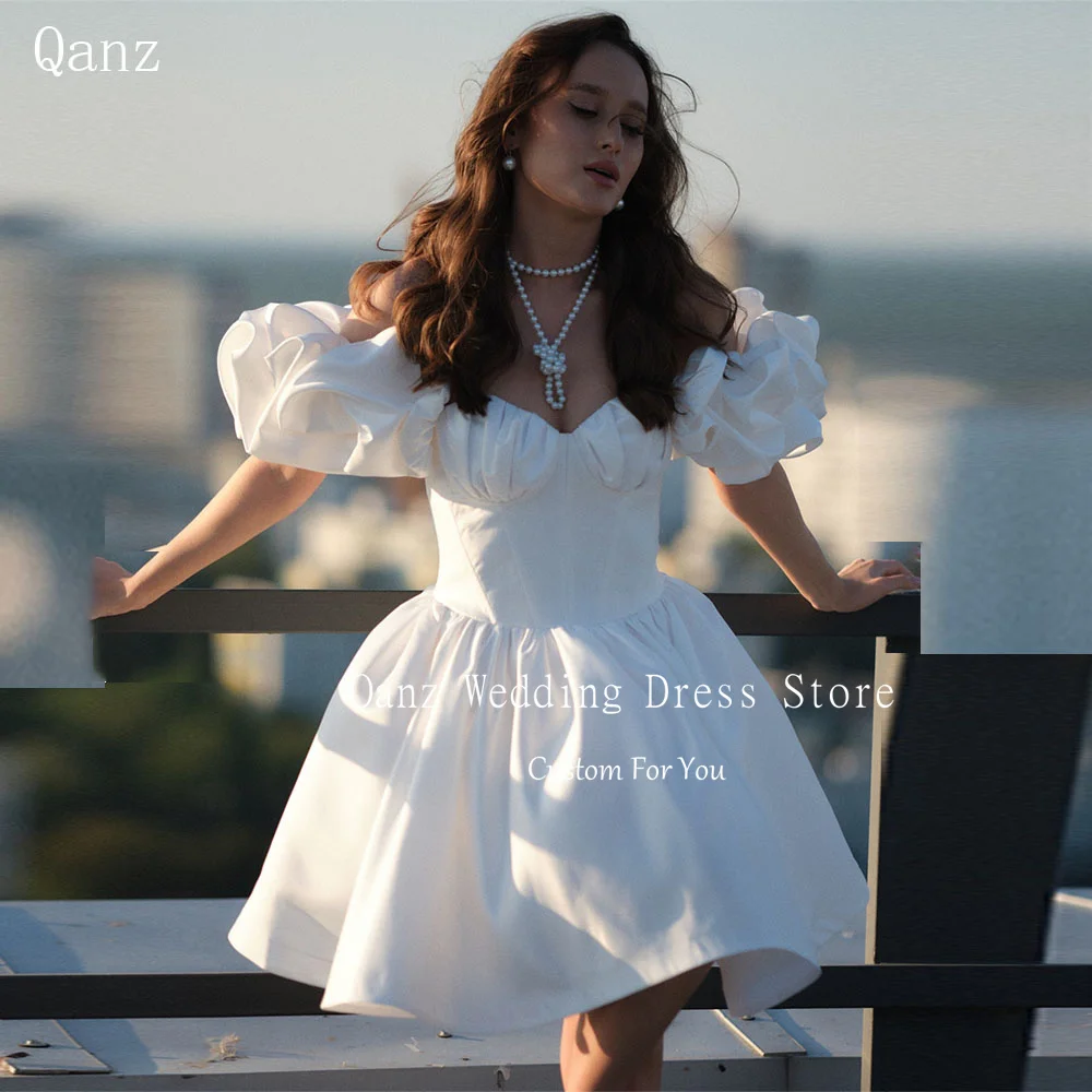 

Qanz Beach Short Wedding Party dresses puff Sleeves White Satin Sweetheart Robes De Mariée Short A Line Bridal Gowns Customized