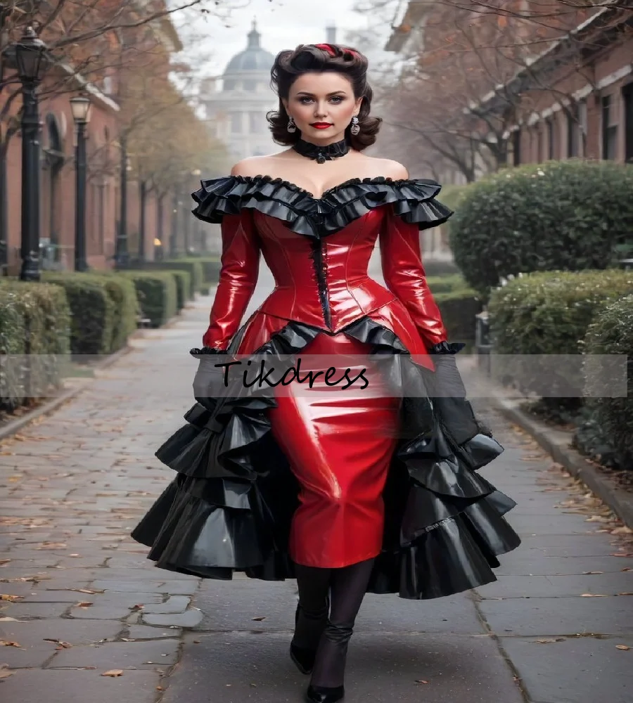 

Victorian Black And Red Gothic Prom Dress Off Shoulder Ruffles Overskirt Halloween Evening Dress Short Witchy Party Customized