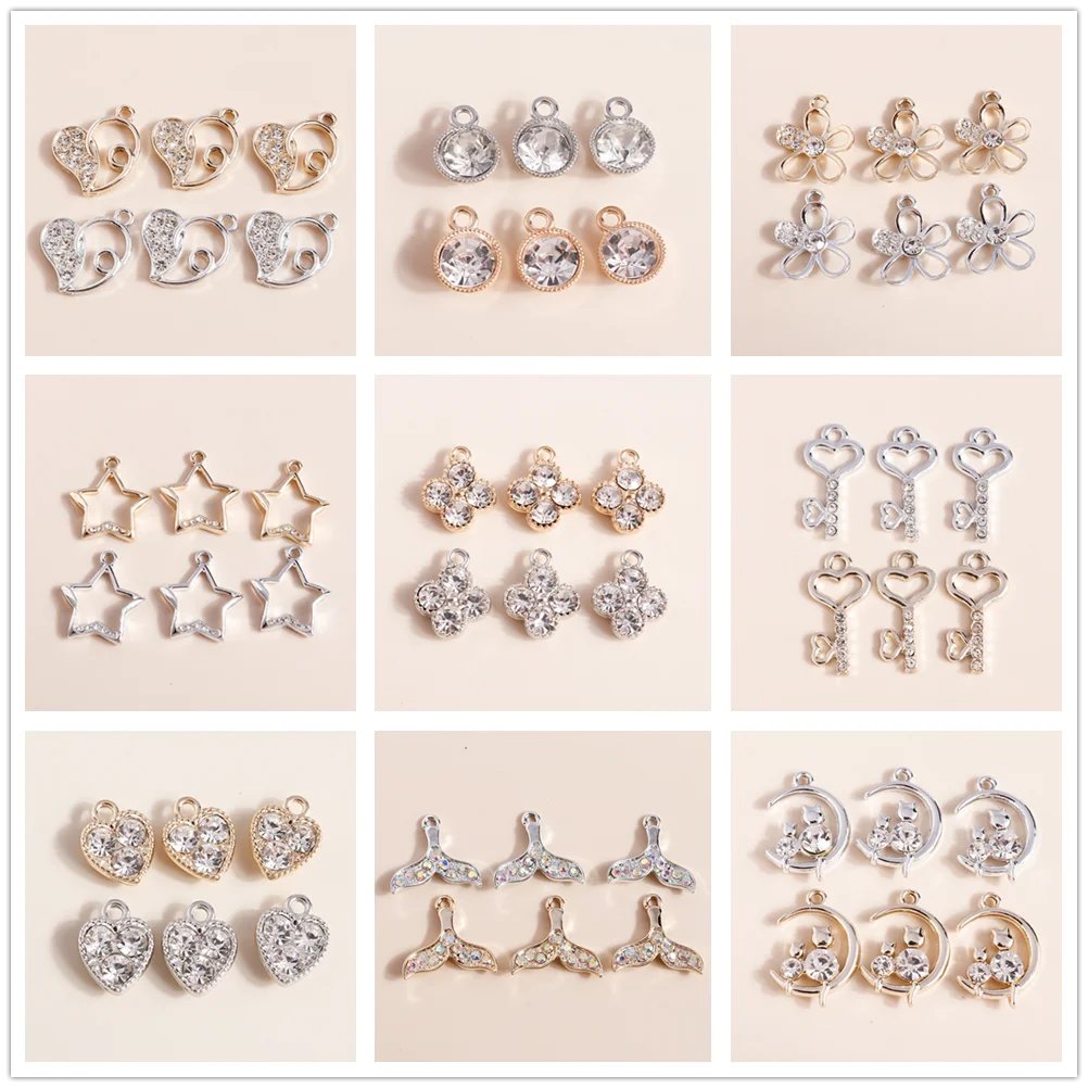 Dijes de cristal exquisitos para collar, accesorio de joyería chapado en oro, plata, corazón, estrella, llave, pez, sirena, 10 piezas