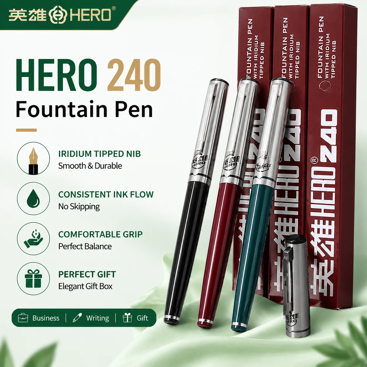 Hero 240 Retro Fountain Pen Set for Students Kids School Writing Practice Classic Metal Plane Nib Vintage Style Stationery Gift