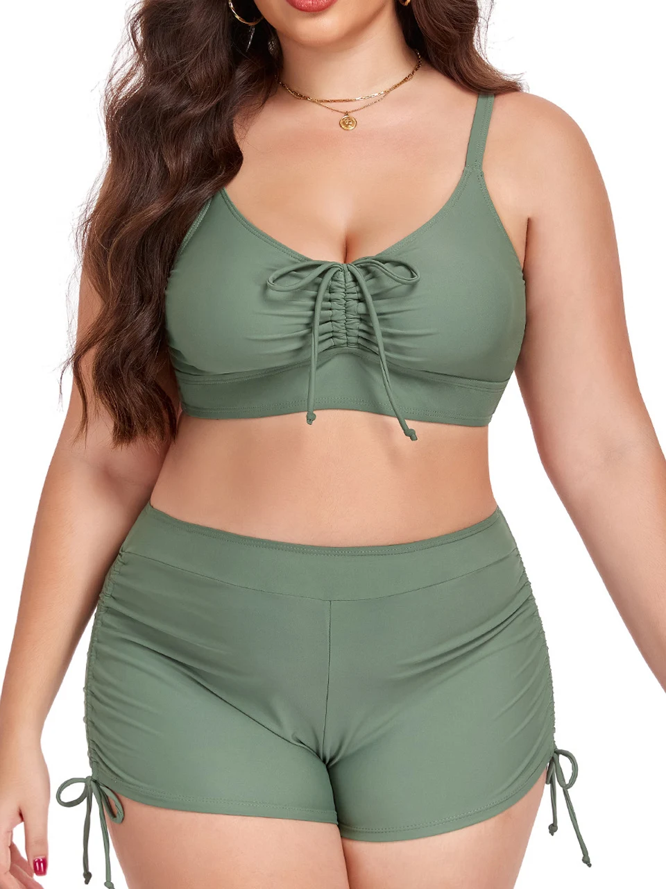 

Купальник-бикини из двух частей, однотонный, для женщин больших размеров, с высокой талией, для плавания и пляжа, 2026