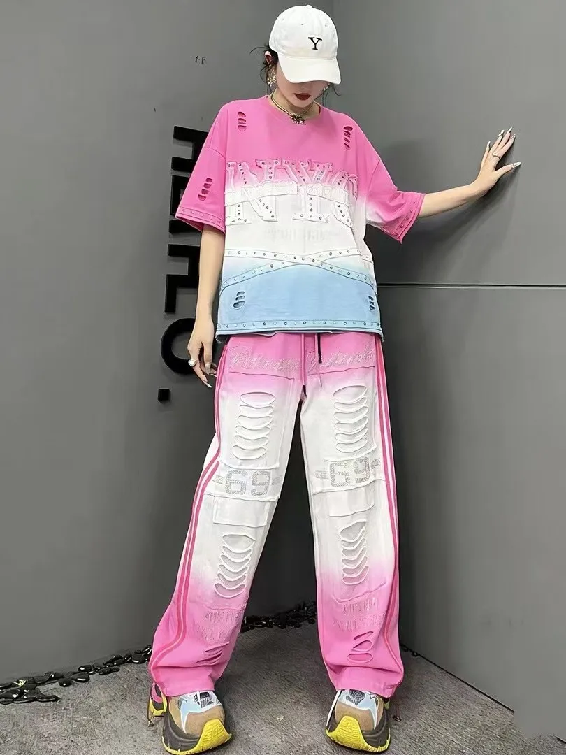 

Trendy Gradient Hole Short Sleeve Women's Set Summer New Style Beads Fashion Loose Straight Leg Pants Cotton round Neck T-shirt