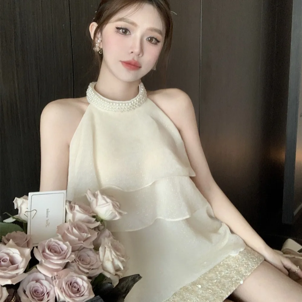 

Тяжелый жемчужный воротник, свободный Svel irt, женская летняя мода, нерегулярный подол, кружевная отделка, корейская версия