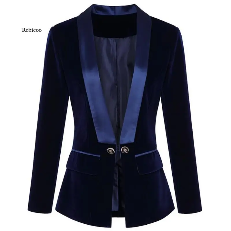 

Dark Blue Black Blazer Women Autumn Long Sleeve Velvet Coats Shawl Collar Single Button Blazers Women Jacket Coat Female Autumn