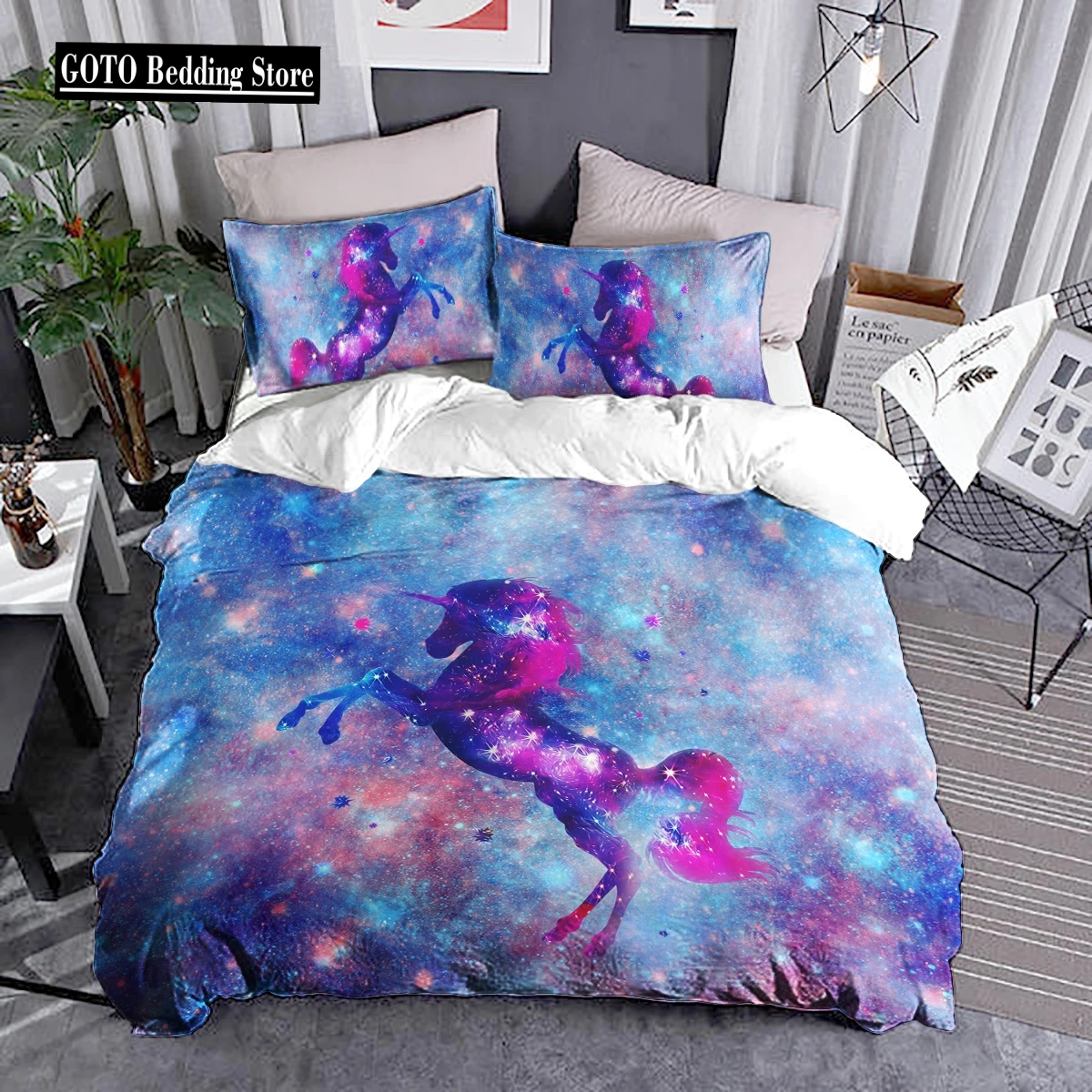 

Winter 3d Bedding Set Galactic Unicorns Reactive Printing Cartoon Series with Children's Patterns Duvet Cover with Pillow Cover