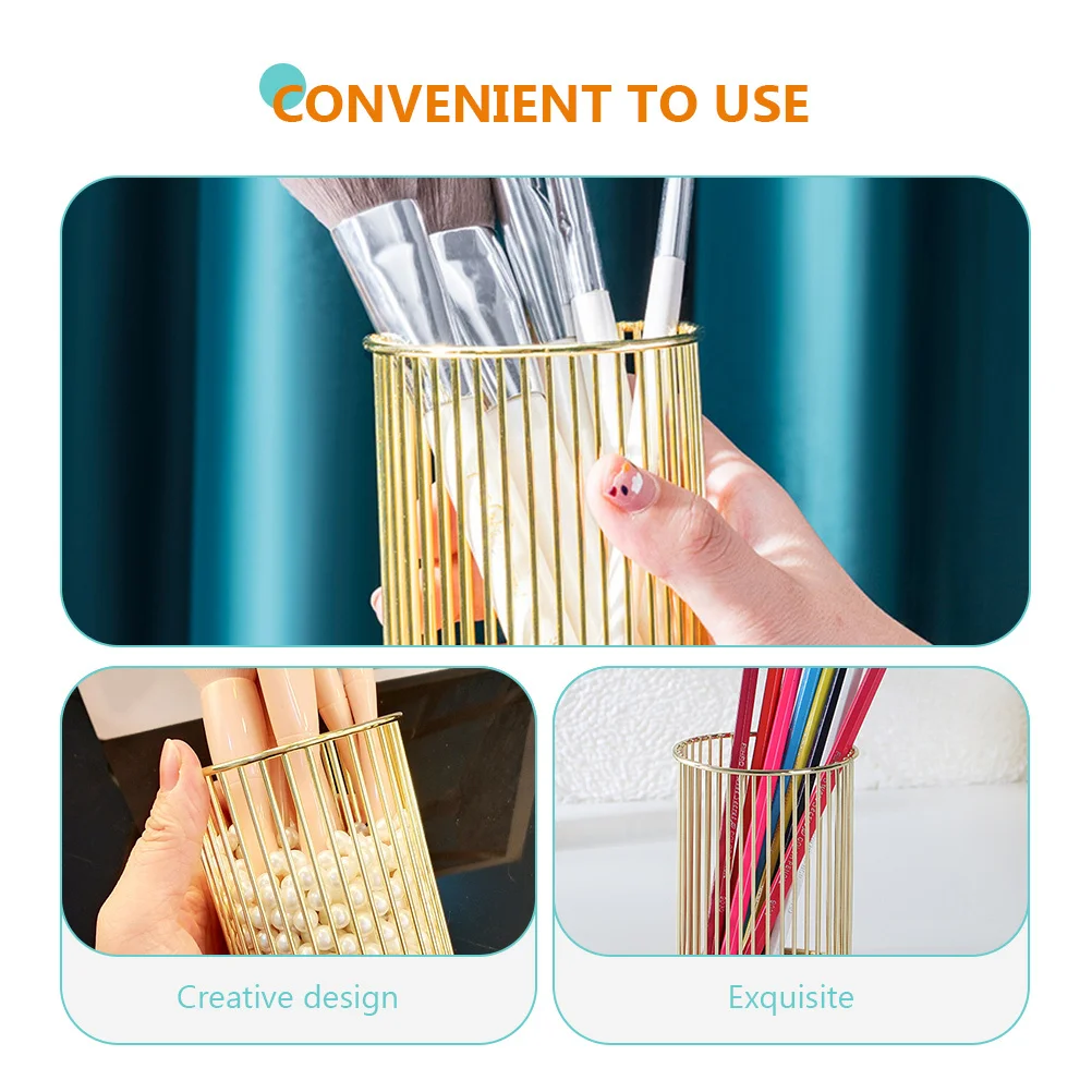 

Golden Metal Pen Holder Iron Desk Organizer For Stationery Pencil Makeup Brush Storage Decorative Office Container