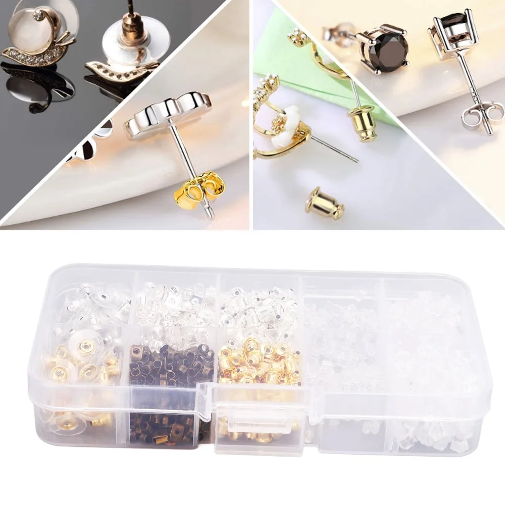 

1040 шт. прочных застежек для серег: легкие металлические и силиконовые заглушки, мягкие прозрачные фиксаторы, 10 стилей, сменные застежки для серег