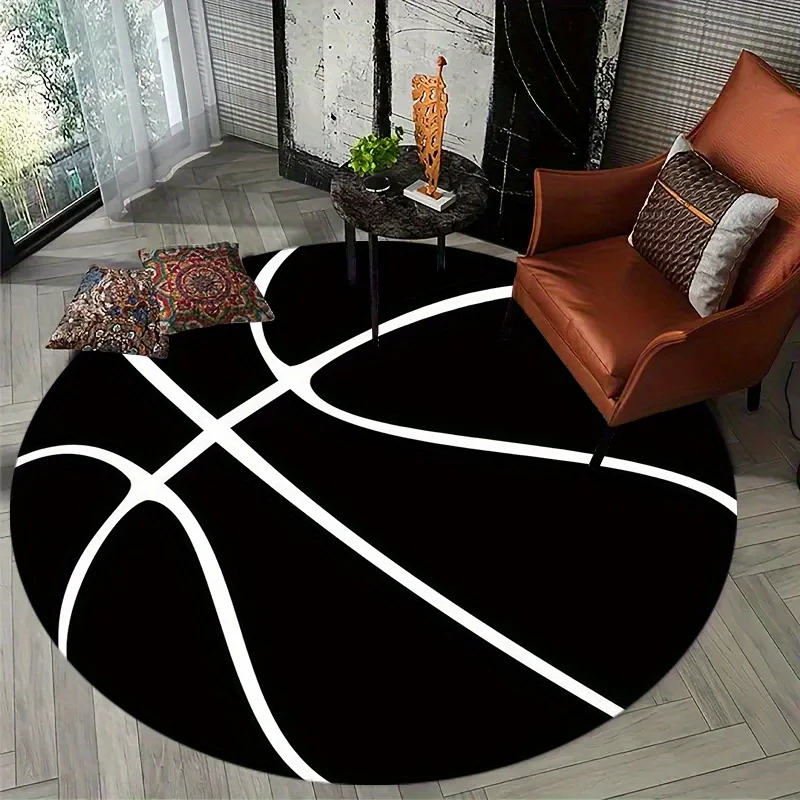 Basketball Court Inspired Round Rug, Great for Sports Enthusiasts, Offers Non-Slip Flannel Surface for Safety
