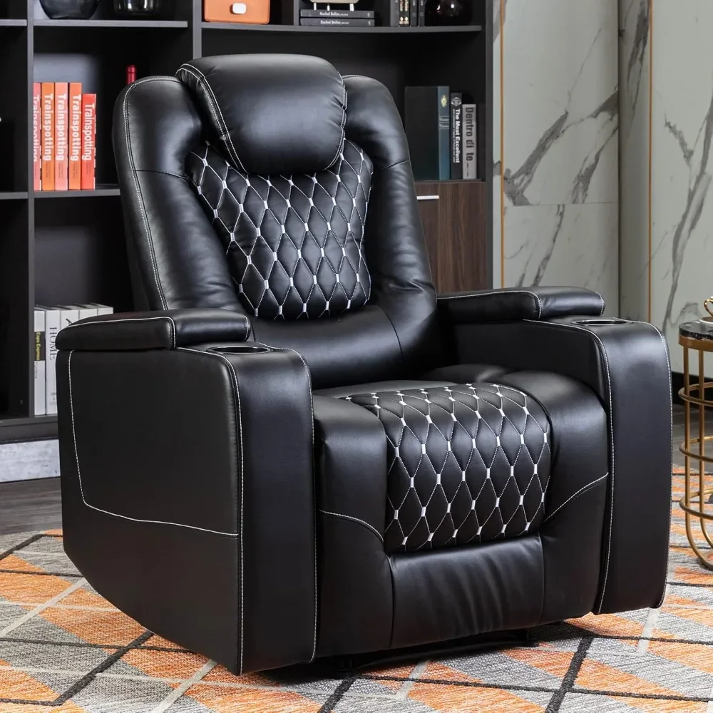 

Power Recliner Chair with USB Ports and Cup Holders - Overstuffed Electric Home Theater Seating PU Leather Reclining Furniture