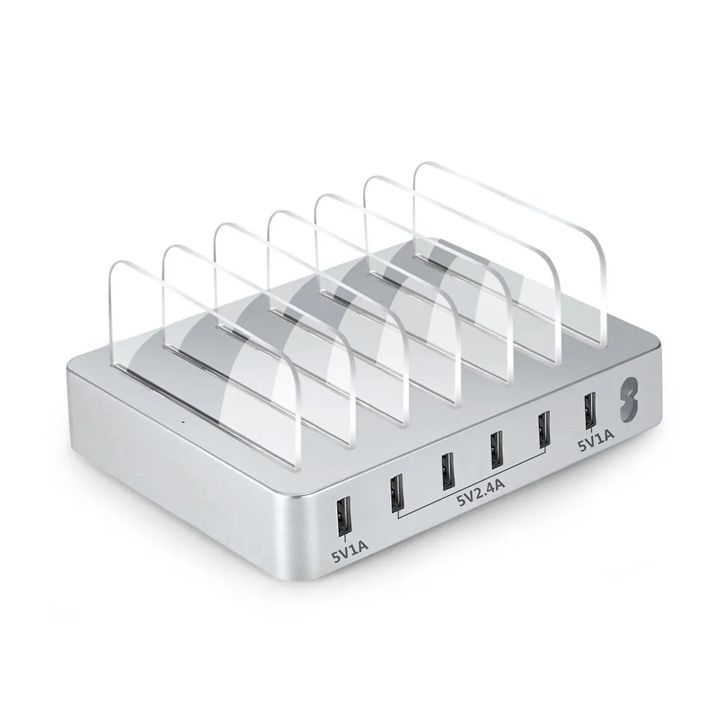 Multi-Port USB Charger Multi-Function -Port Charging Station with Watch Stand Fast Charging ABS Shell Silver Plug