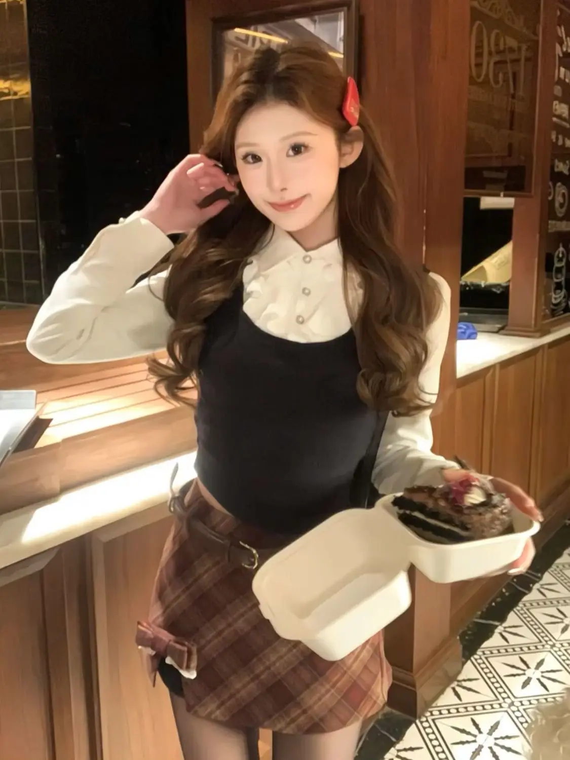 

Облегающие комплекты из двух предметов, женские наряды, ложная рубашка из двух предметов с длинными рукавами + клетчатая мини-юбка, уменьшение возраста, женские костюмы Y2k