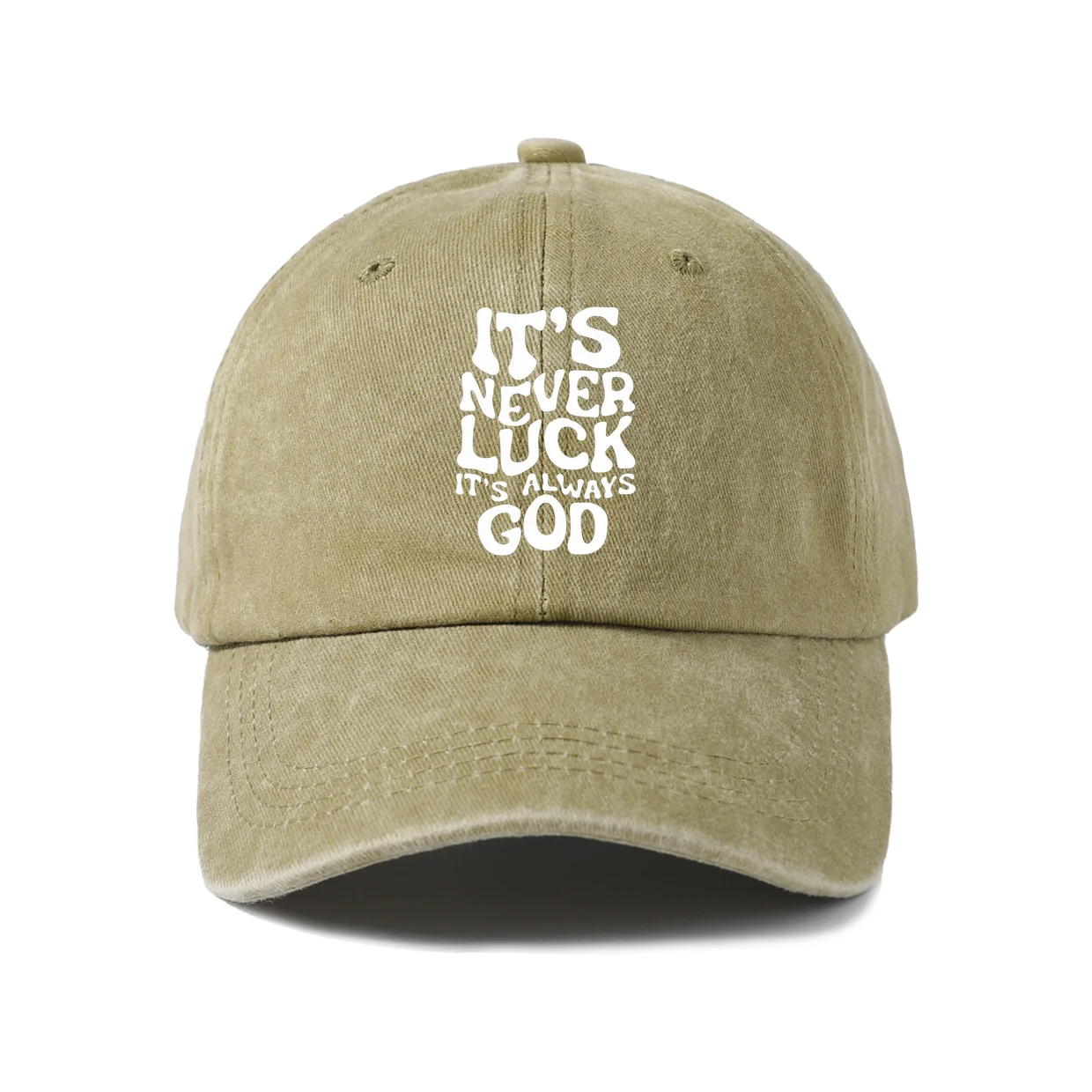 Vintage Washed Baseball Cap with It'S Never Luck It'S Always God Graphic, Adjustable Unisex Dad Hat, Streetwear Gift