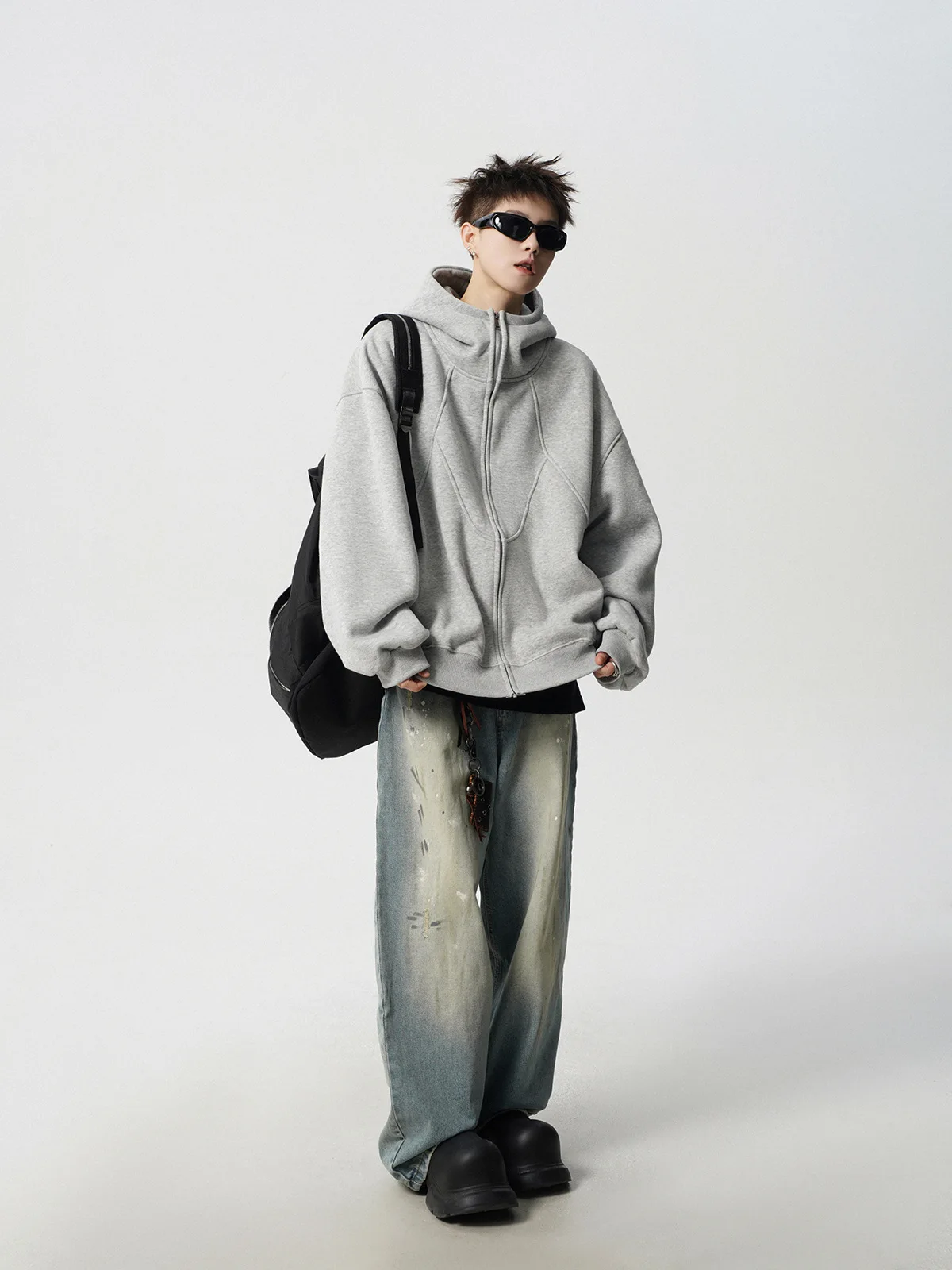 American Deconstruction Hooded Jacket Men's Winter Splicing Sweater High Street Velvet Couple Hoodie
