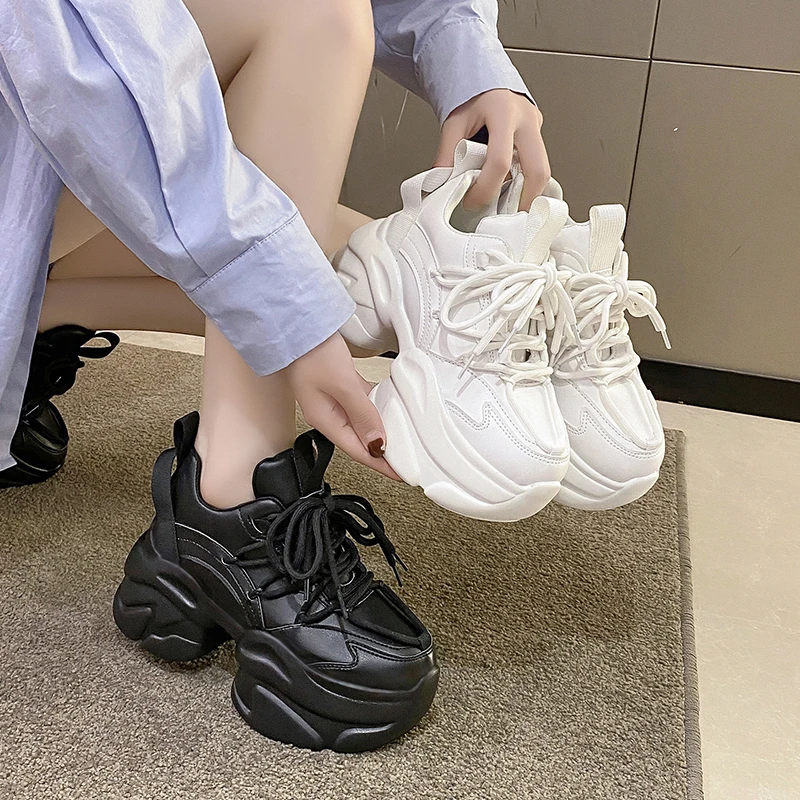 Black Women Chunky Leather Sneakers High Platform Ulzzang Sports Shoes New 2022 Autumn Thick Bottom Women\'s Wedge Casual Shoes