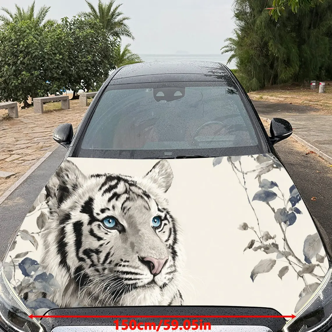 Car Decal White Tiger in Floral-Themed Background & Artistic, Refined Visual Details Car Hood Sticker, Waterproof Self - Adhesiv