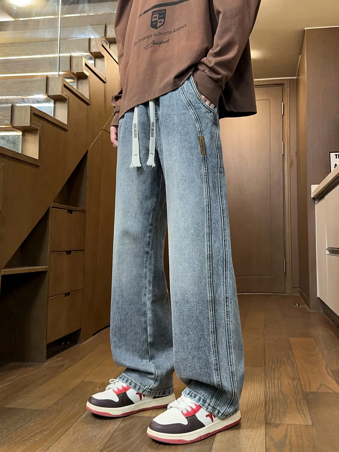 

American Sle Vintage Men's Wide Leg Jeans Spring Autumn New Loose Straight Casual Long Pants Versatile Casual Wear
