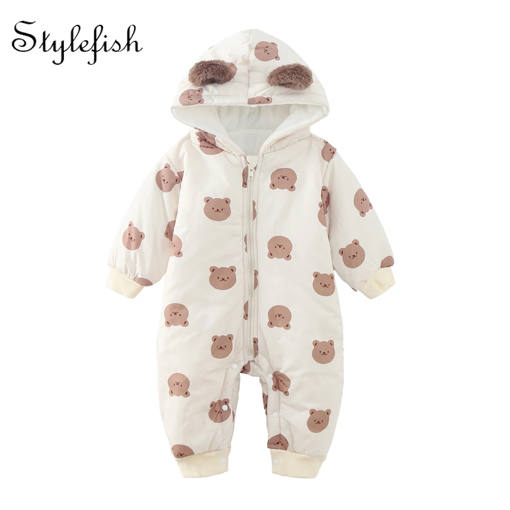 2022 winter infant clothing plush warm baby bear print hooded Jumpsuit High quality Rompers