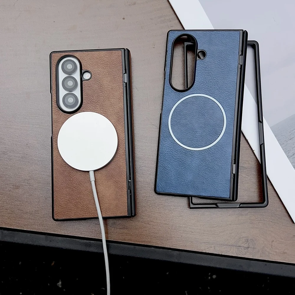 Funda de teléfono magnética con bisagra de cuero Busine Sle de lujo para Samsung Galaxy Z Fold 7 6 5 4 3 Magsafe cubierta de carga inalámbrica