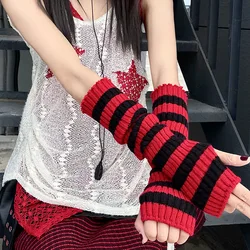 Y2K Women's Long Knitted Arm Warmers Fingerless Arm Sleeves Gothic Style Striped Winter Girls Harajuku Fashion Wrist Gloves