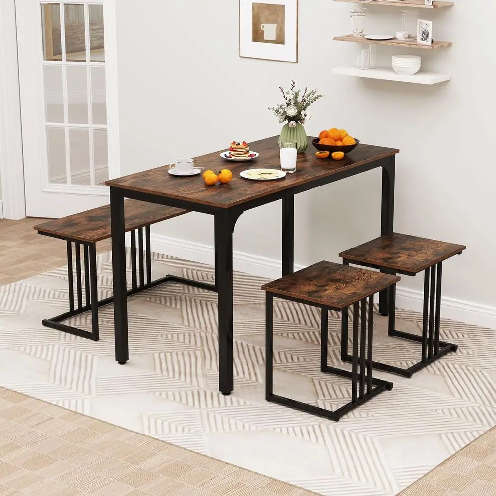 

Space-Saving Industrial Style Dining Set for 4 with 2 Stools and Bench, Rustic Brown