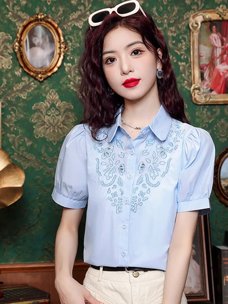 SMTHMA 2024 New Summer China Style Embroidered Hollow Out Short Sleeved Shirt Women\'s Turndown Collar Fashion Solid Tops