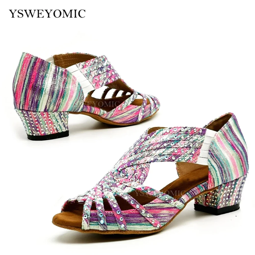 YSWEYOMIC Customized Strass Women Latin Ballroom Dance Shoes in Low Heel 4cm Printing Logo As free