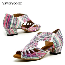 YSWEYOMIC Customized Strass Women Latin Ballroom Dance Shoes in Low Heel 4cm Printing Logo As free