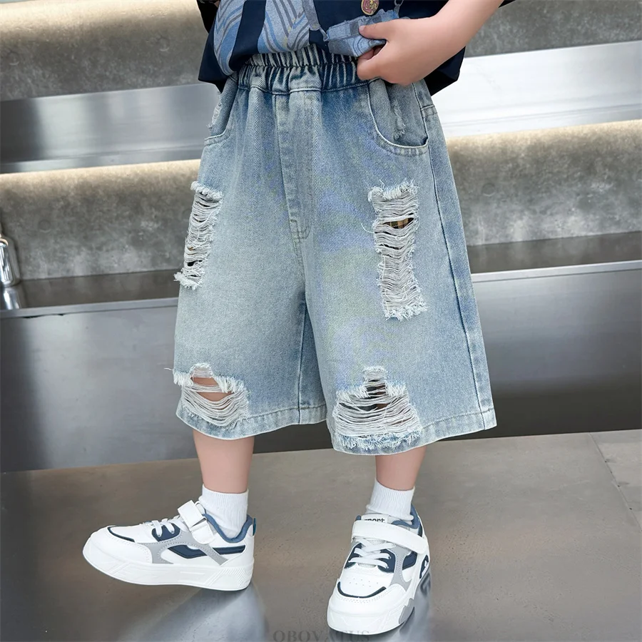 Classic Designer Kids Summer Ripped Denim Shorts with Holes for Tween Boys Casual Blue Knee Length Jeans Children Broken Shorts