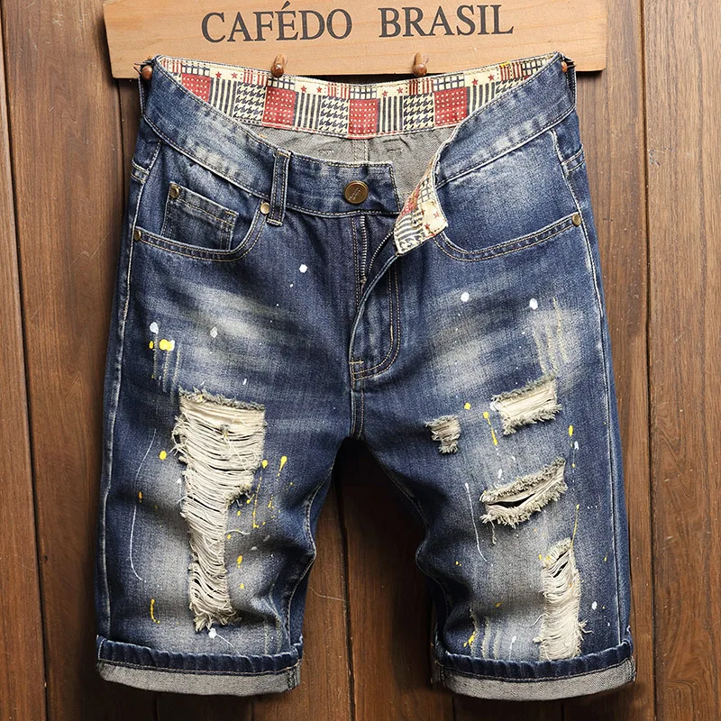 

2026 Men's Ripped Distressed Denim Shorts Paint Splatter Knee Length Five-Point Shorts American Streetwear Fashion Casual Shorts