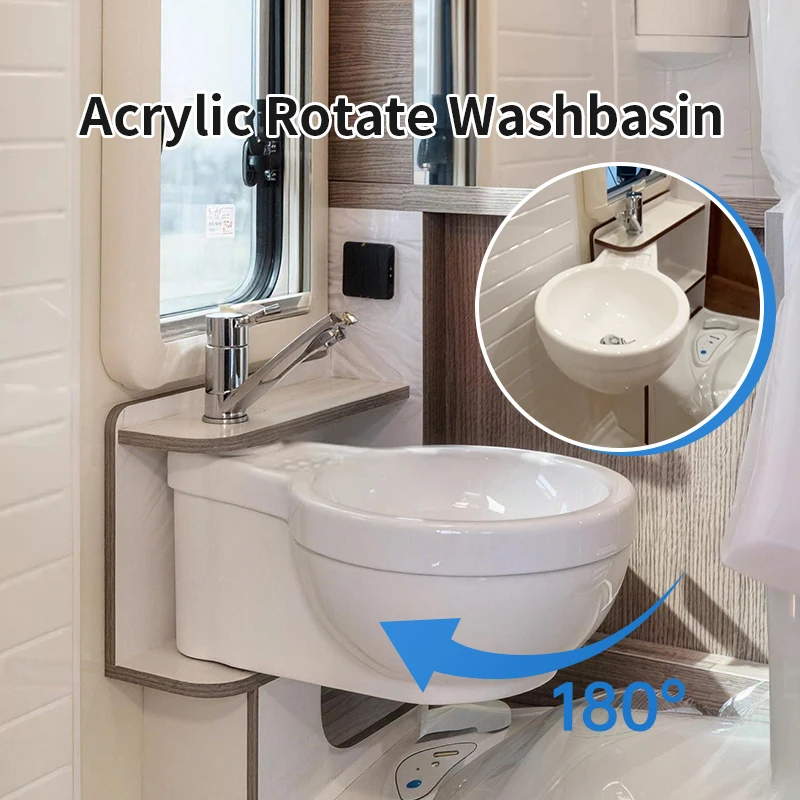 Modern Design Wall-Mounted Lightweight Rotatable White Acrylic Basin RV Sink with Hot/Cold Water for Caravan Motorhome Use