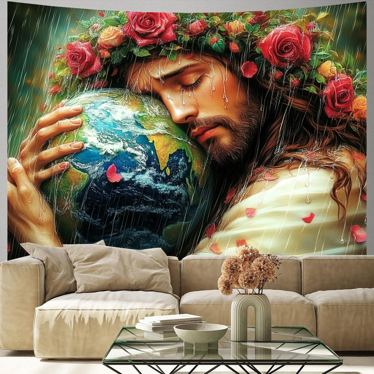 Jesus Hugs The Earth with Roses on His Head Tapestry for Psychedelic Art Mystic Kawaii Room Decor Mandala Yoga Mat Picnic Carpet