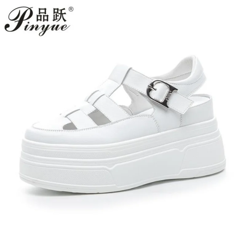 

8.5cm Hollow Full Cow Genuine Leather Women Summer Shoes Platform Sneakers Wedge Hidden Heel Women Summer Sandals Platform 34-39