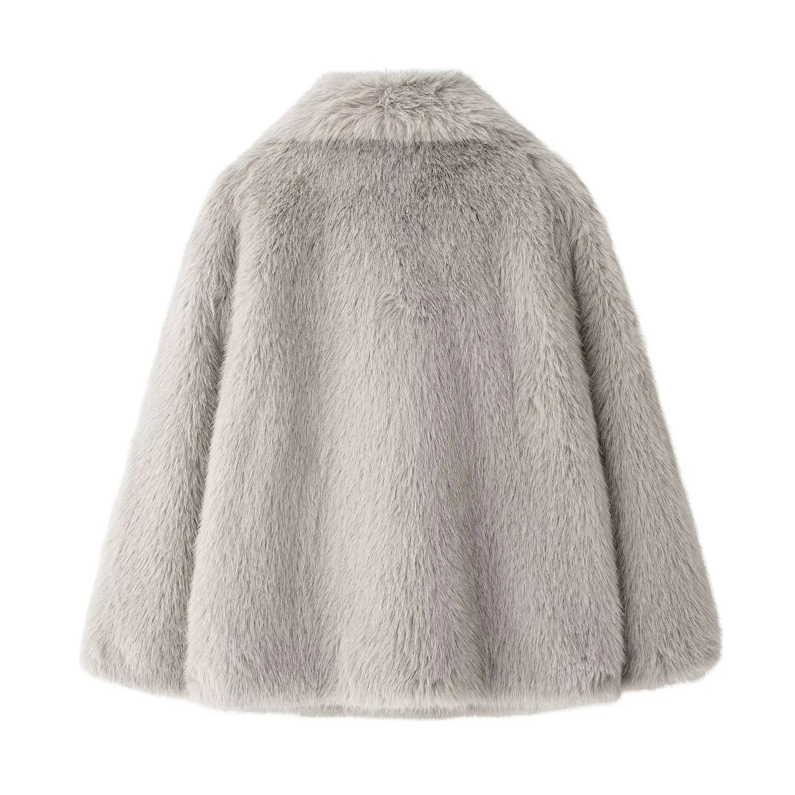 TRAFZA Women's Winter New Fashion Simple Faux Fur Effect Coat Lapel Long Sleeve Coat Female Elegant Premium Pocket Short Coat