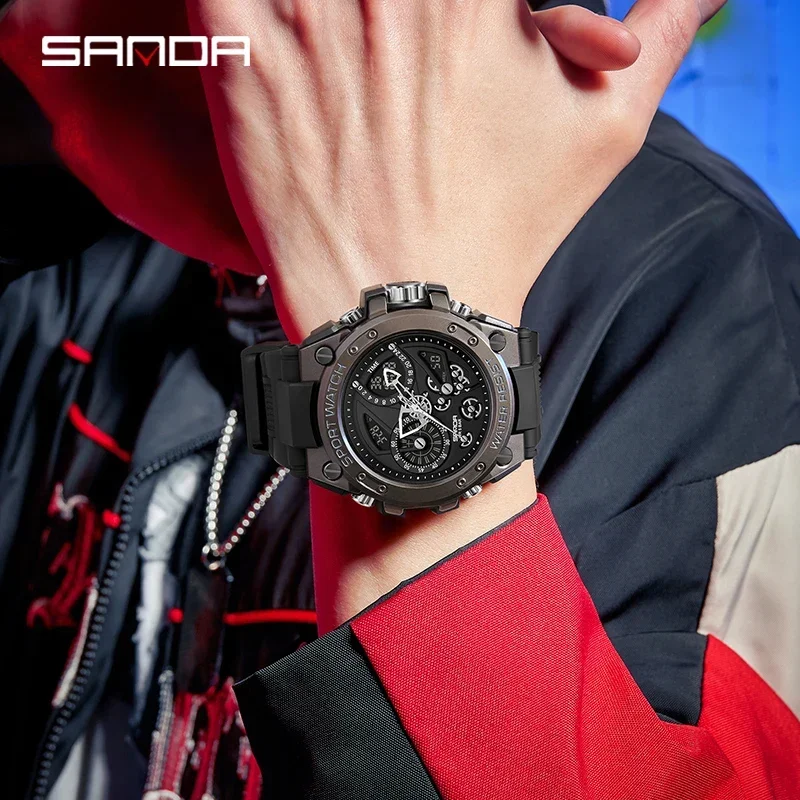 SANDA 9020 Men Watch  Men\'s Watch Electric Watch Multi-Function Fashion Trend Outdoor Luminous Alarm Clock Waterproof Shockproof