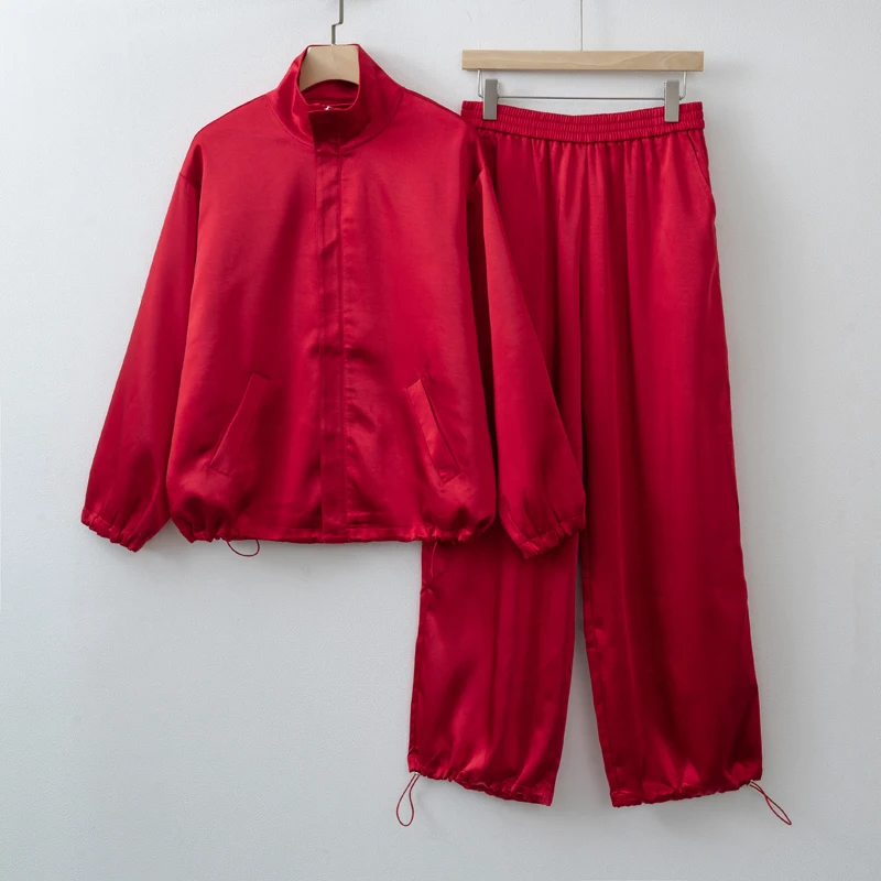 Conjunto de Chaqueta y Pantalones Deportivos Rojos de Satén para Mujer, Otoño 2026