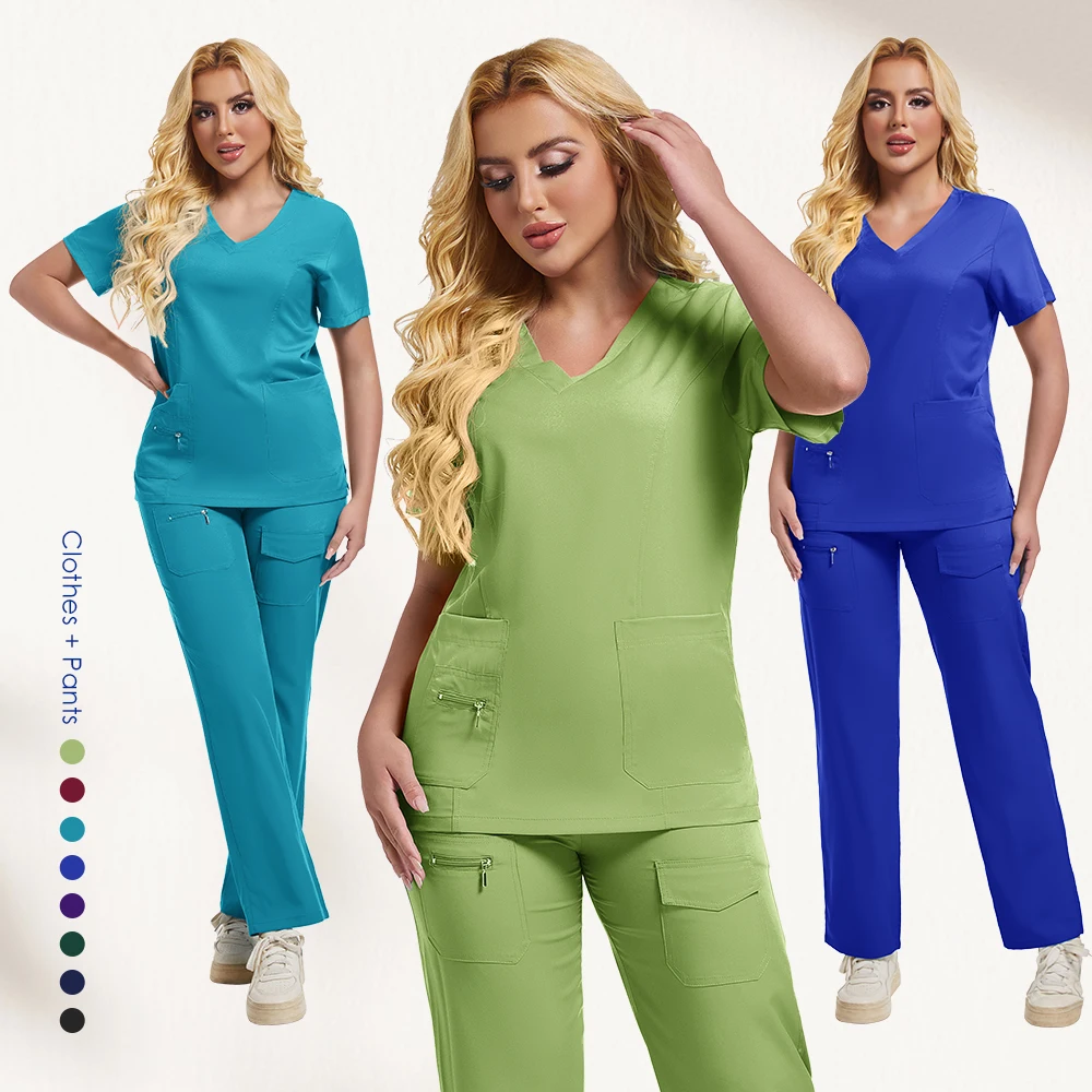 Nuevo estilo, uniforme clínico de tela antiarrugas de alta calidad, conjunto médico lavable para enfermera, camisa quirúrgica, pantalones de pierna recta con bolsillo