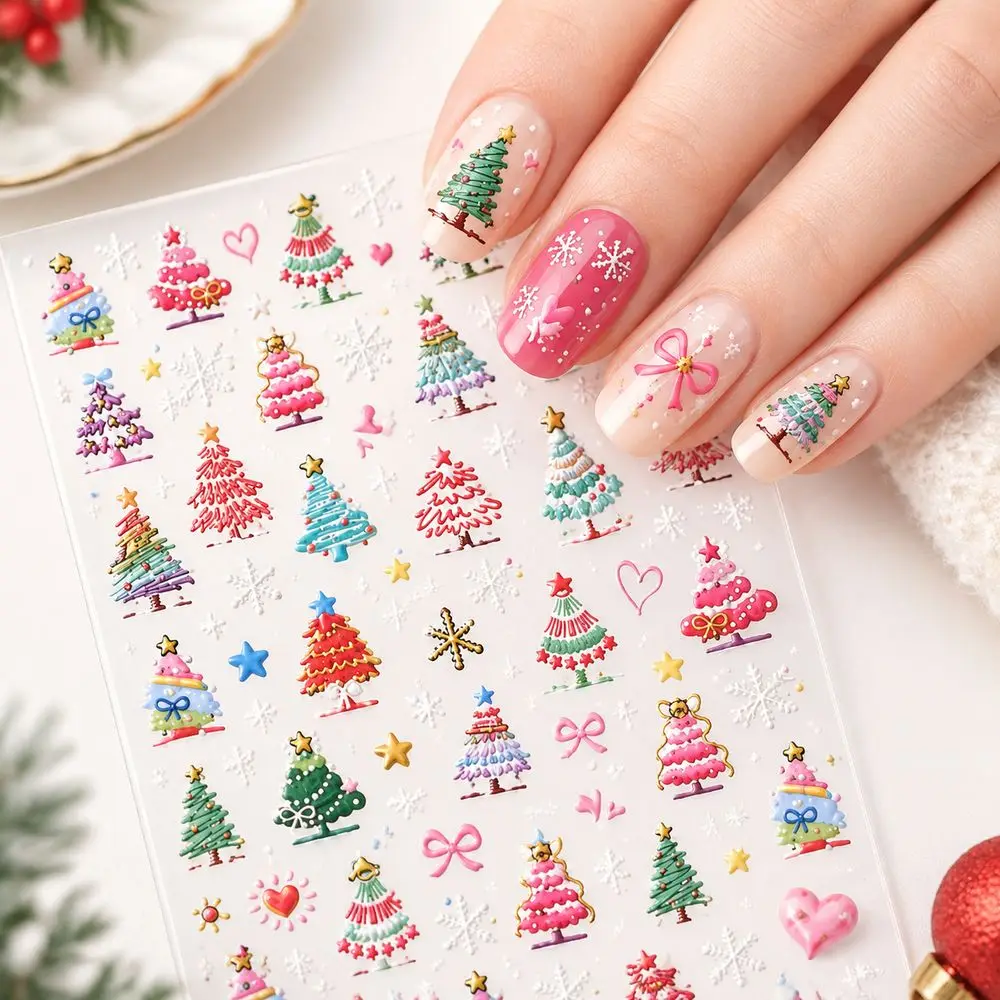 1Pc Hot Sale 5D Relief Xmas Nail Decals Embossed Self Adhesive Christmas Tree Stickers Acrylic UV Gel Nails Manicure Decor