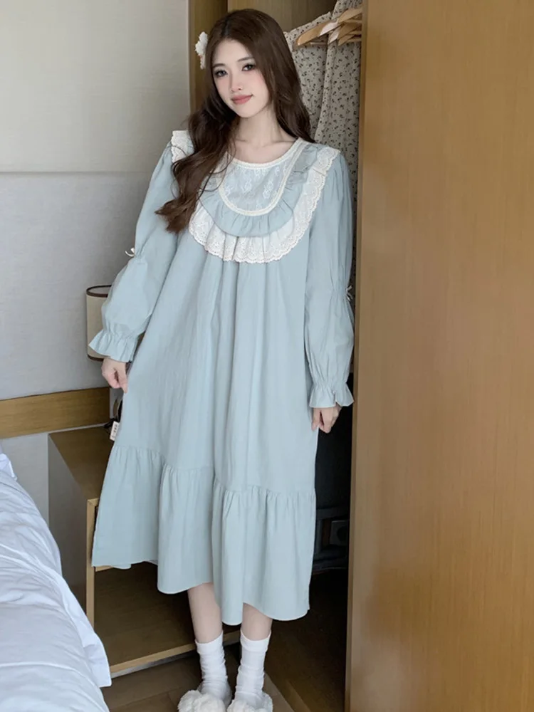 Soft Cotton Lace Sweet Solid Princess NightDress Autumn Winter Long Sleeve Pajama Set Women Kawaii  Comfortable Casual Elegant