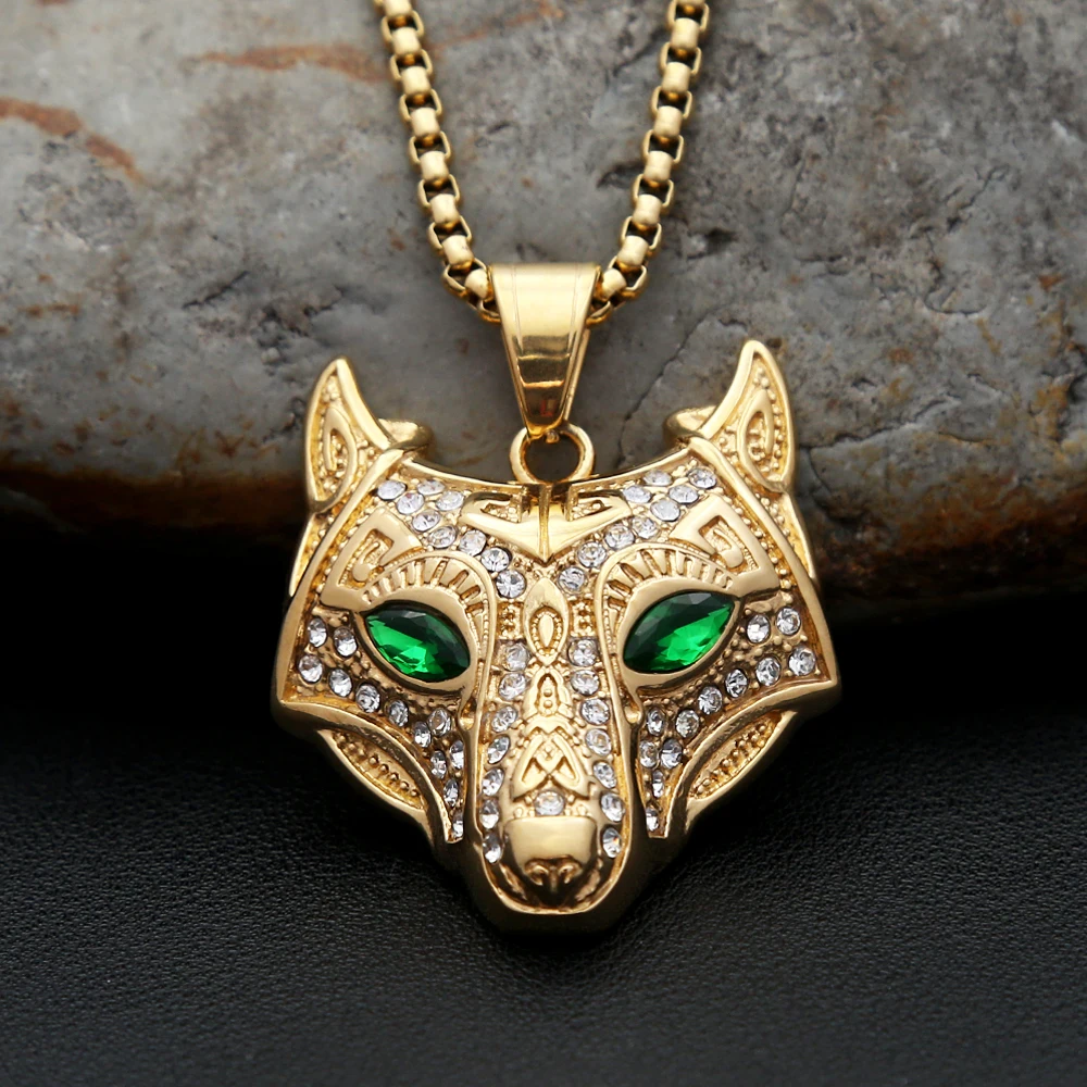 Nordic Vintage Viking Wolf Head Pendant Necklace Stainless Steel Gold Color Fashion Animal Necklaces For Men Women Party Jewelry