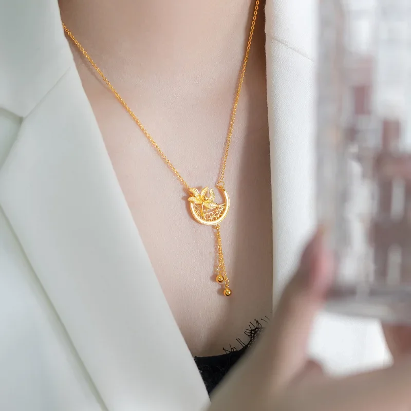 9999 Real Gold 24K Women's Gold Premium Lotus Necklace Niche Ancient Lotus Retro Flower Clavicle Chain