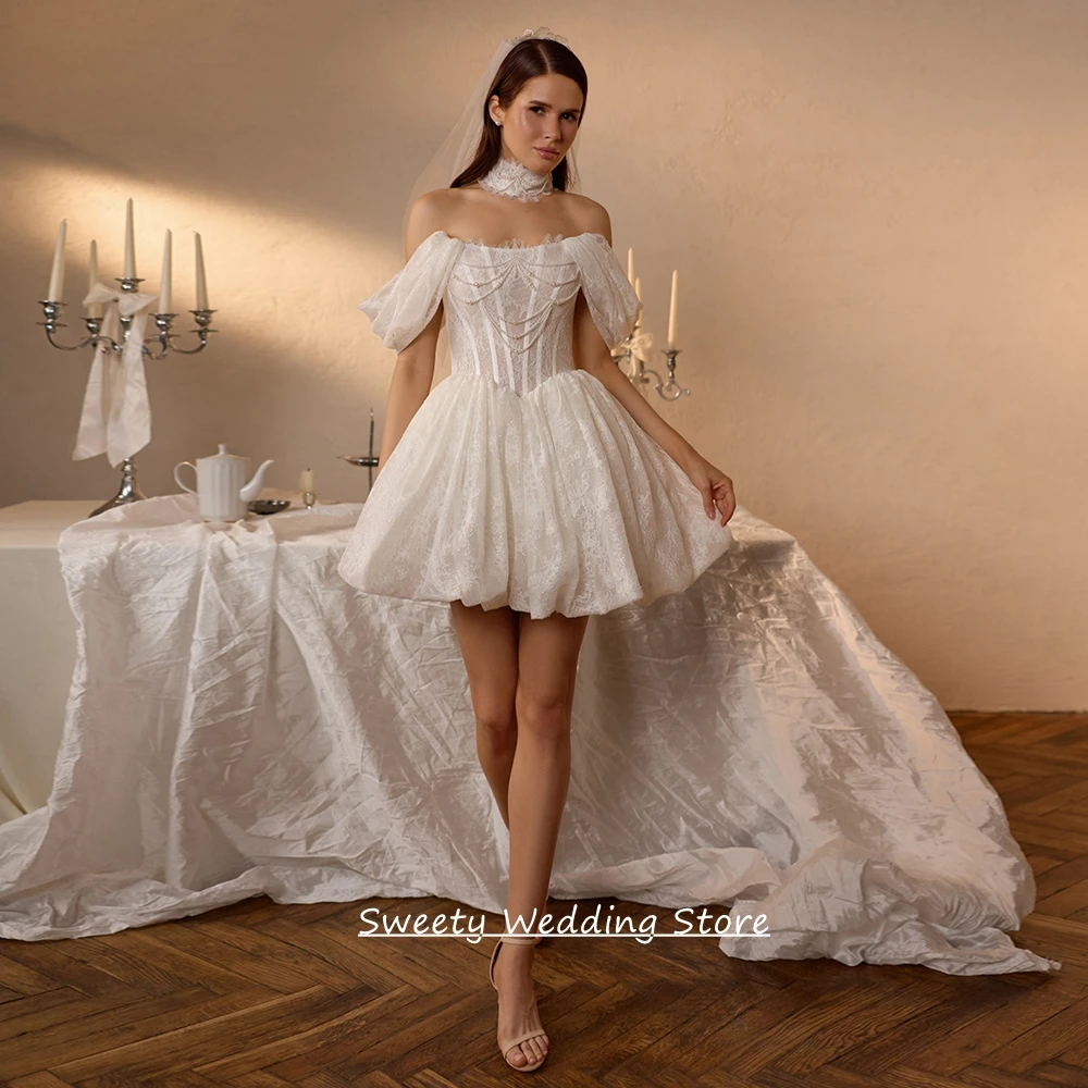 Customized Little Wedding Dress New Arrival Off The Shoulder Pearls Lace Applique Mini Bridal Gown