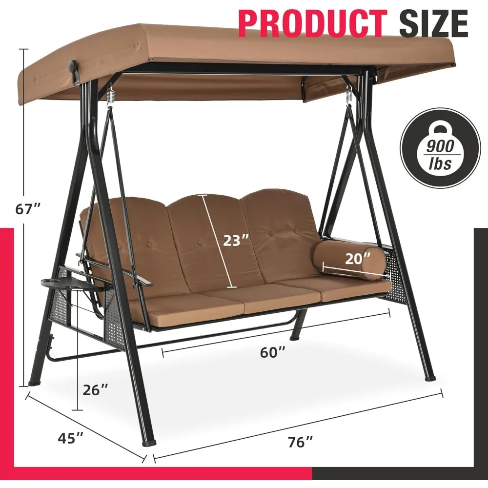3인용 포치 스윙, 전천후 강철 프레임, 조절 가능한 캐노피 스윙 의자, 탈부착 가능한 쿠션 및 베개 해먹