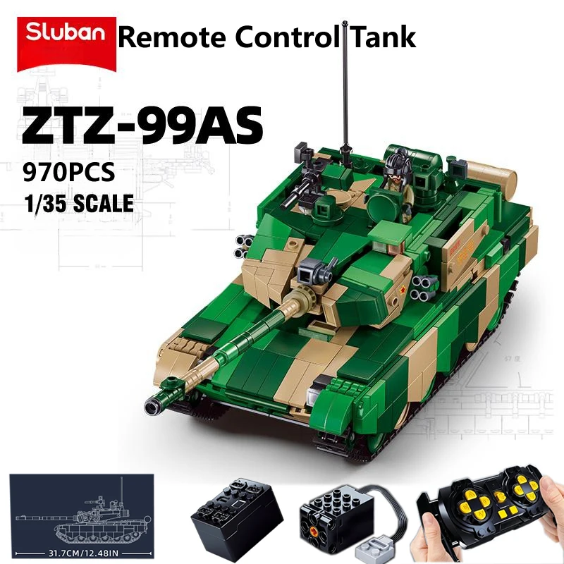 New 970PCS WW2 Military Remote Control ZTZ-99AS Tank  Building Blocks Model Soldier Weapon Sticker Gift Bricks Kids Toys For Boy