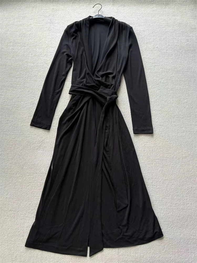 Vestido Clásico Ne de Manga Larga con Cuello en V y Estilo Cruzado, Ajustado, Midi, para Mujer, Estilo Casual, Moderno, pa...