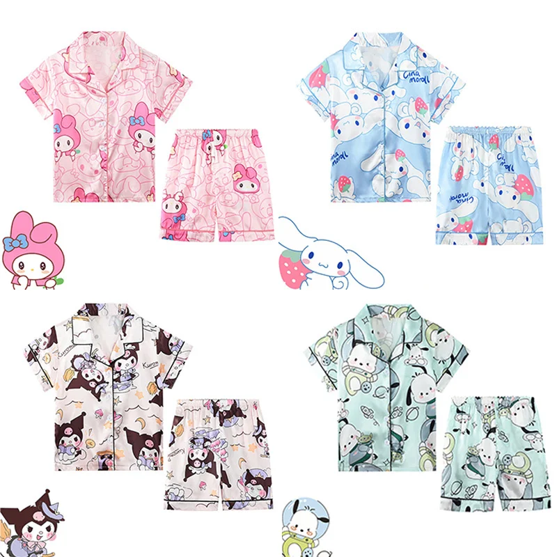 Sanrio Anime Ice Silk Pijama Set para crianças, loungewear Kawaii, cardigan manga curta, desenho animado Kuromi Cinnamoroll, minha melodia, verão