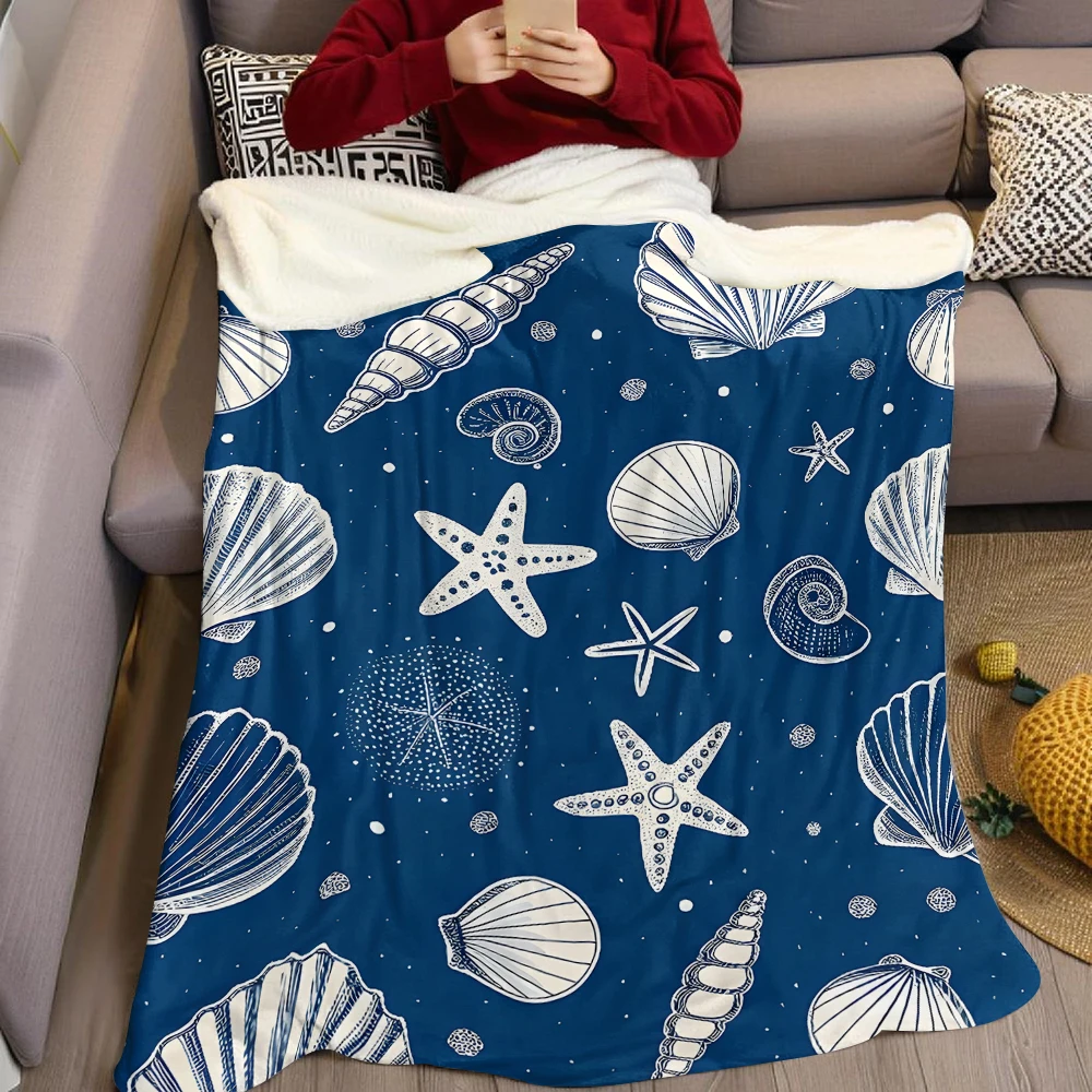 Navy Seashell Flannel Blanket Warm Soft Halloween Christmas Couch Warm Cozy Decorative Decor Gift for All Season