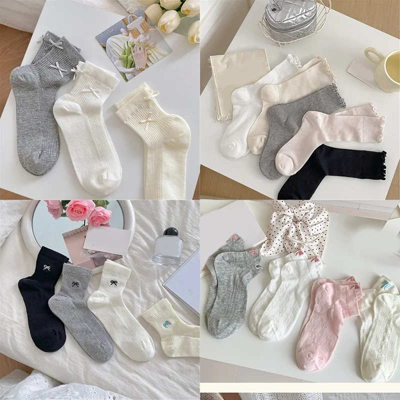 Multi-style Pure Cotton Tube Socks Women's Sweet Bow Embroidery Short Solid Color Hollow Breathable Mesh Thin Ankle 35-42 Socks