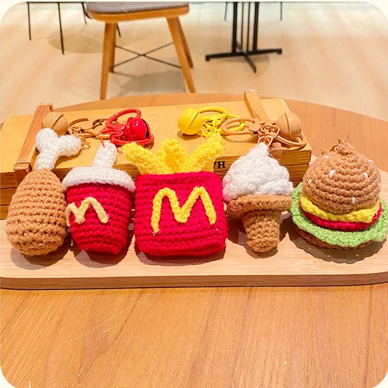 Creative Plush Knit Burger Fries Simulation Food Key Chain Pendant Cartoon Delicious Fried Chicken Legs Cola Ice Cream Keyring